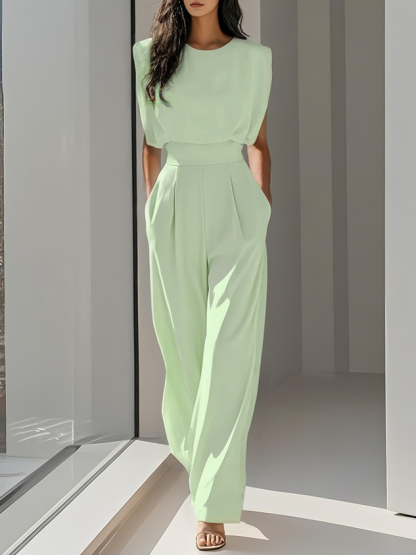 Women Off White Crew Neck Sleeveless Dressy Jumpsuit With Pockets