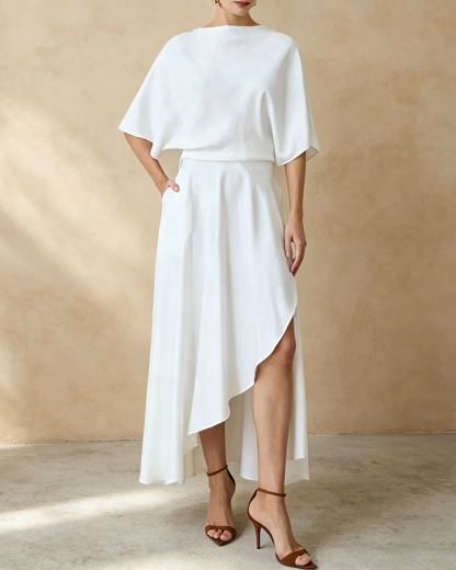 Modern and Elegant Satin Half Wide Sleeve Wrap Style Pocket Slit Loose Maxi Dress