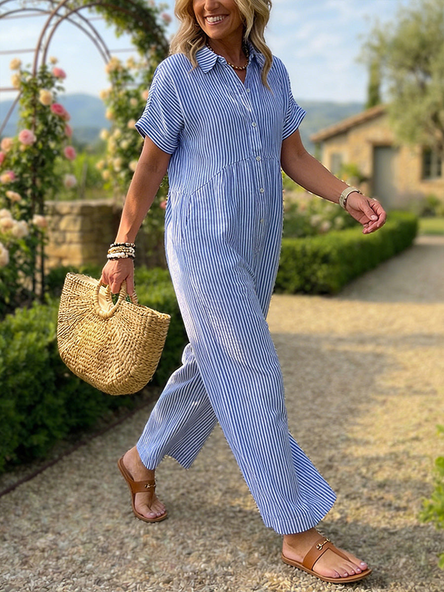 New Arrivals🔥 Striped Lapel Button Down Shirt Jumpsuit