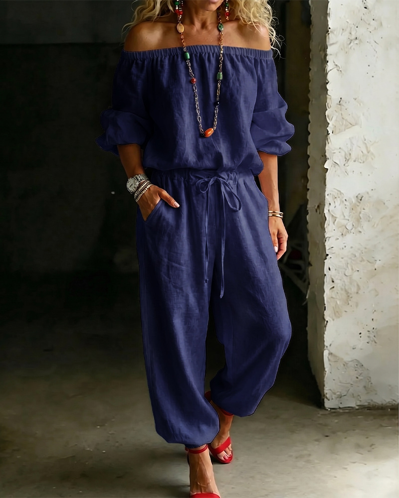 One-shoulder Top And Casual Drawstring Jogger Pants Jumpsuit Set