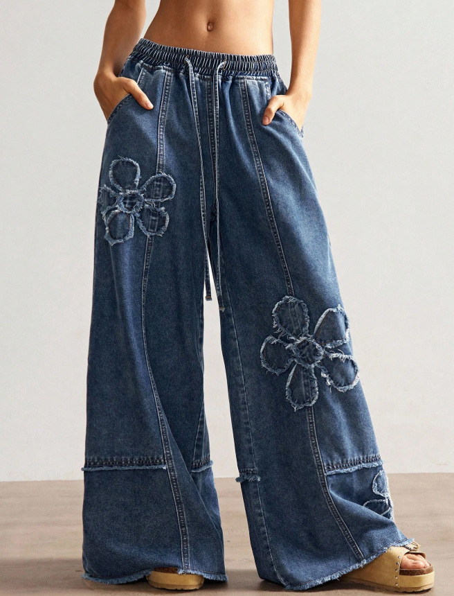 Cozy Bohemian Denim Wide-leg Pants With Crochet Flower