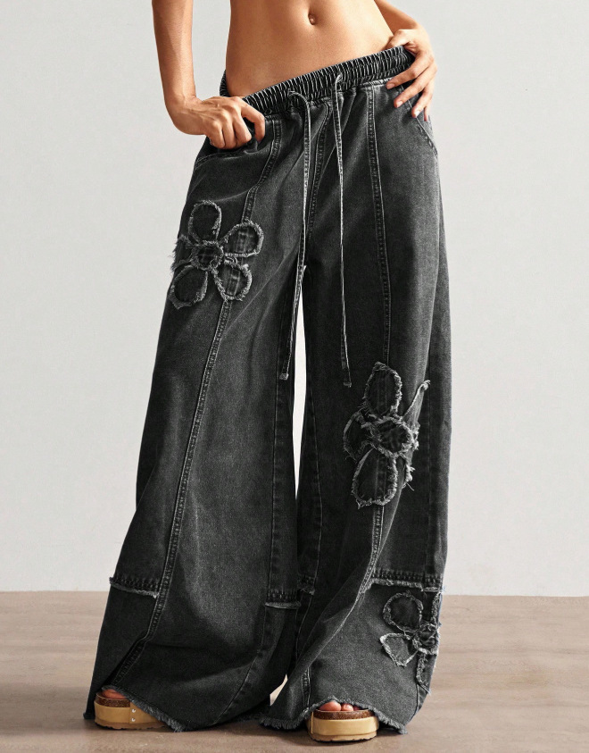 Cozy Bohemian Denim Wide-leg Pants With Crochet Flower