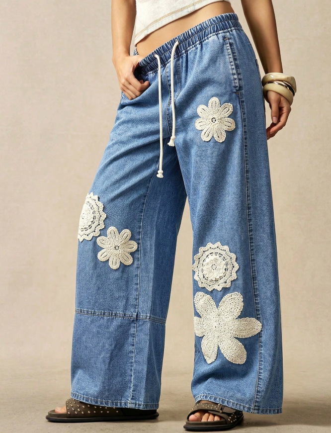 Cozy Bohemian Denim Wide-leg Pants With Crochet Flower