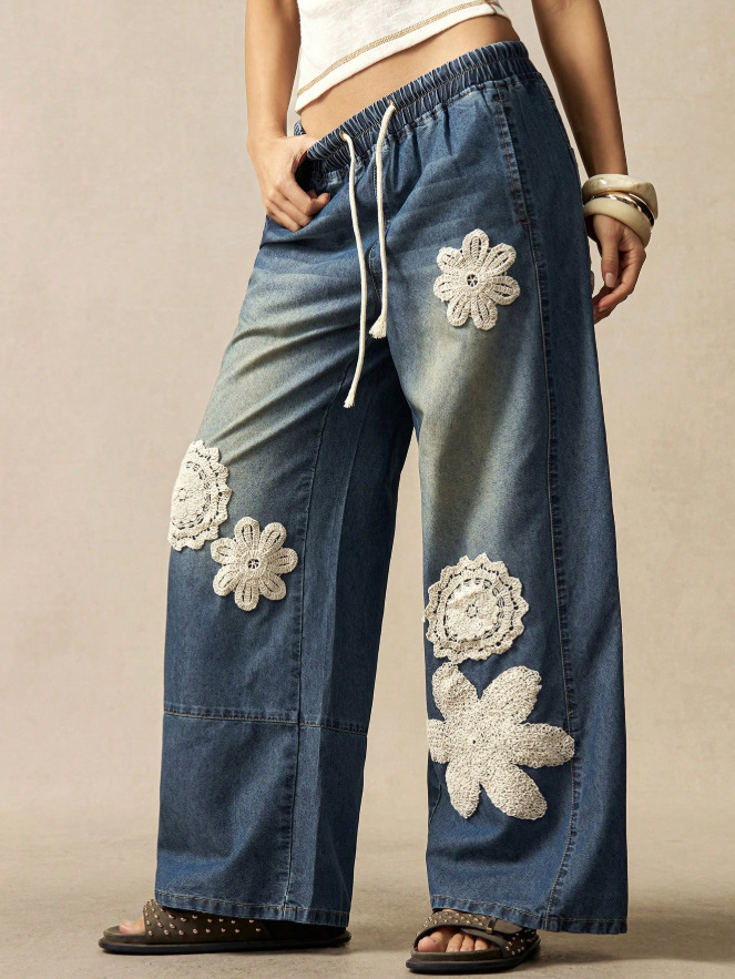 Cozy Bohemian Denim Wide-leg Pants With Crochet Flower