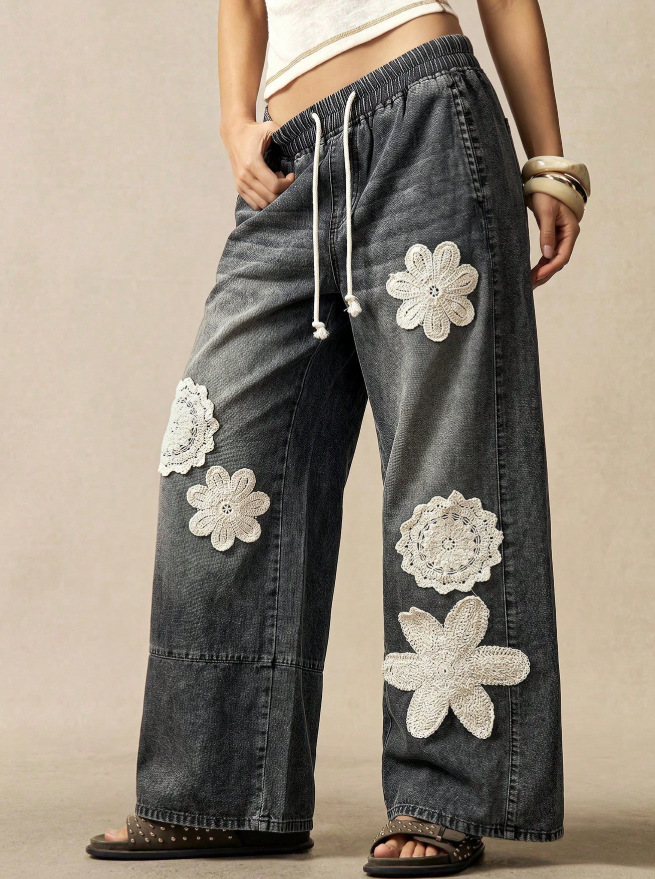 Cozy Bohemian Denim Wide-leg Pants With Crochet Flower