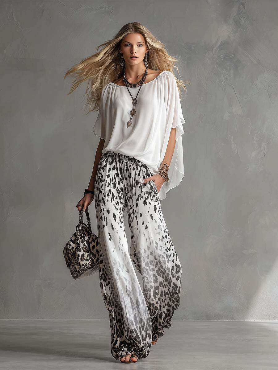 Modern And Stylish White T-shirt And Leopard Print Chiffon Pants Set