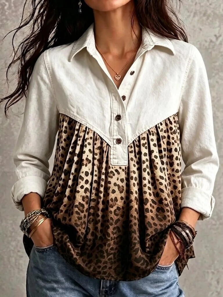 Women Denim Spliced Leopard Print Half Button Long Sleeve Blouse