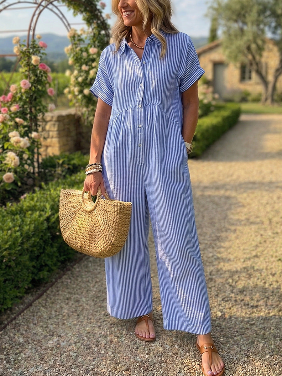 New Arrivals🔥 Striped Lapel Button Down Shirt Jumpsuit