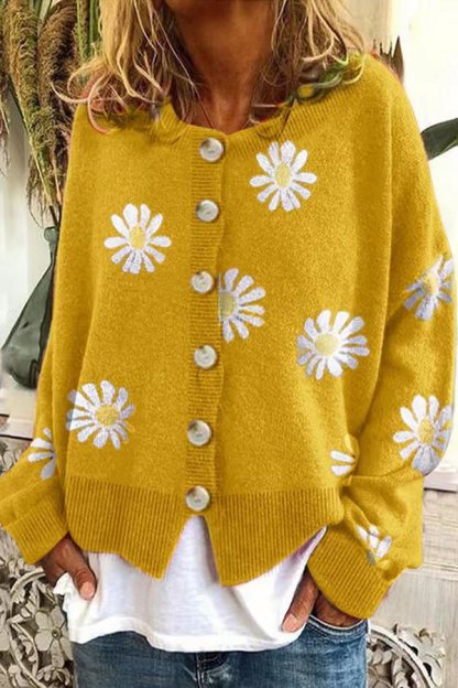 Daisy Pattern Button-up Cardigan Sweater