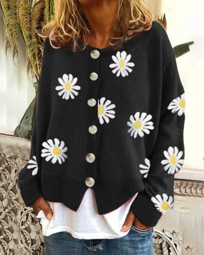 Daisy Pattern Button-up Cardigan Sweater
