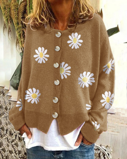 Daisy Pattern Button-up Cardigan Sweater