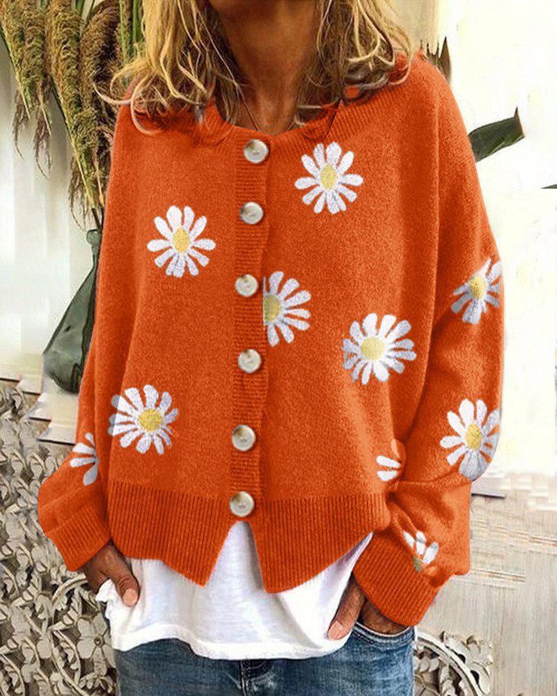 Daisy Pattern Button-up Cardigan Sweater