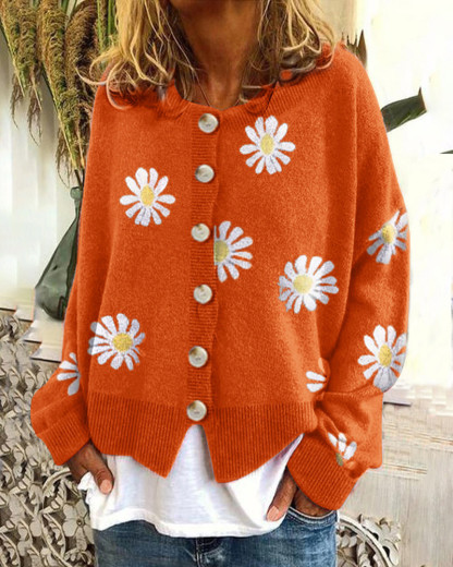 Daisy Pattern Button-up Cardigan Sweater