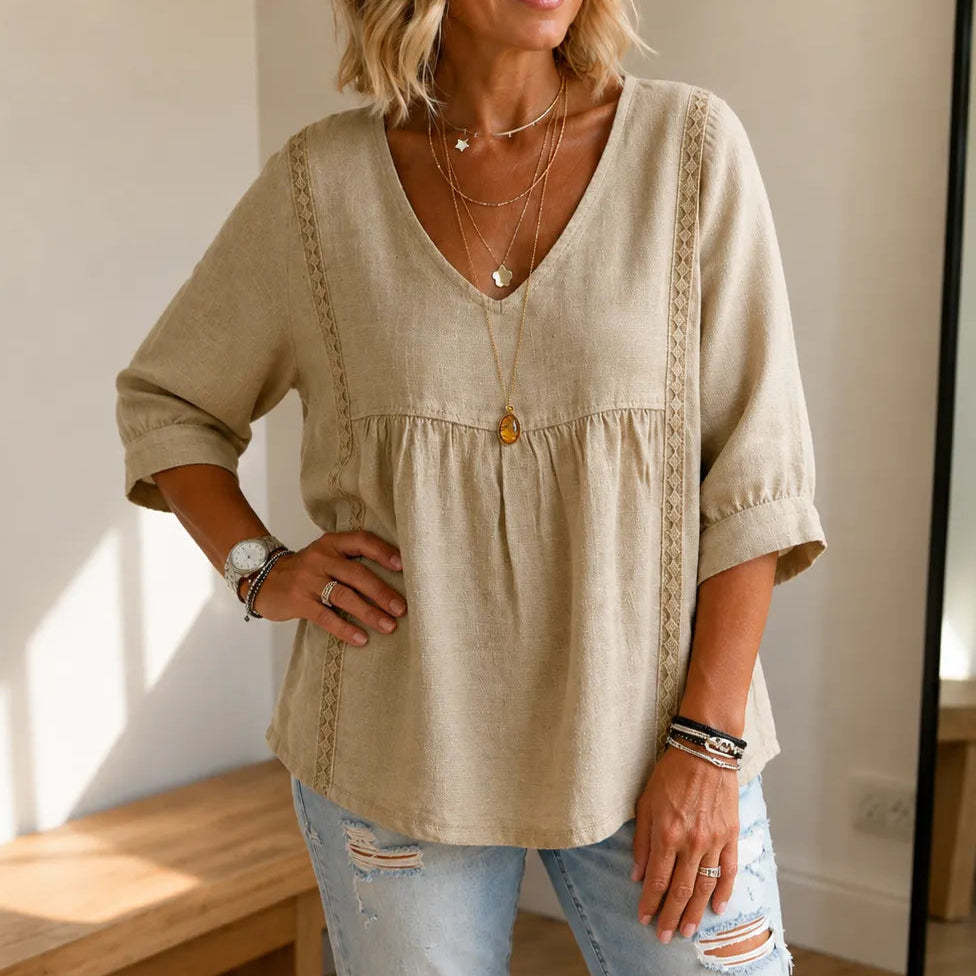 Lace Trim V Neck Babydoll Blouse for Women