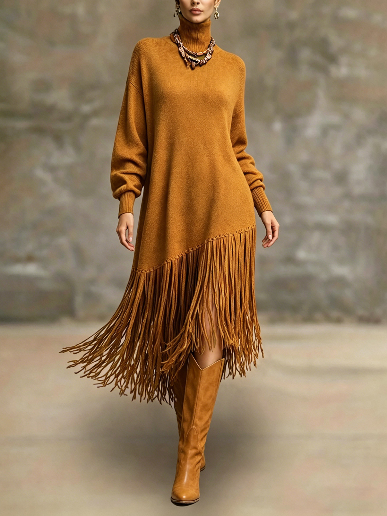 Turtleneck Diagonal Fringe Oversized Knit Midi Dress