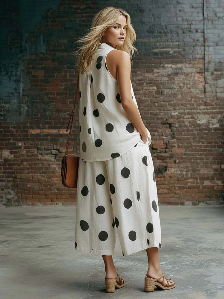 Elegant Polka Dot Shirt And Wide-leg Cropped Trousers Two-piece Set