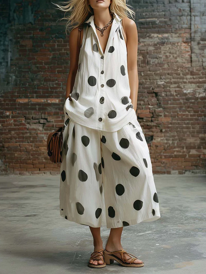 Elegant Polka Dot Shirt And Wide-leg Cropped Trousers Two-piece Set