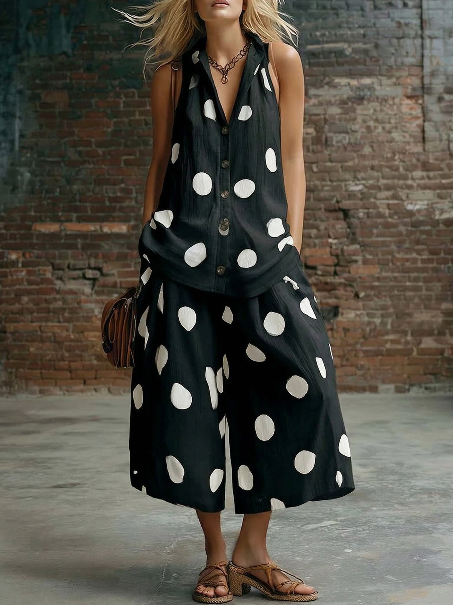 Elegant Polka Dot Shirt And Wide-leg Cropped Trousers Two-piece Set