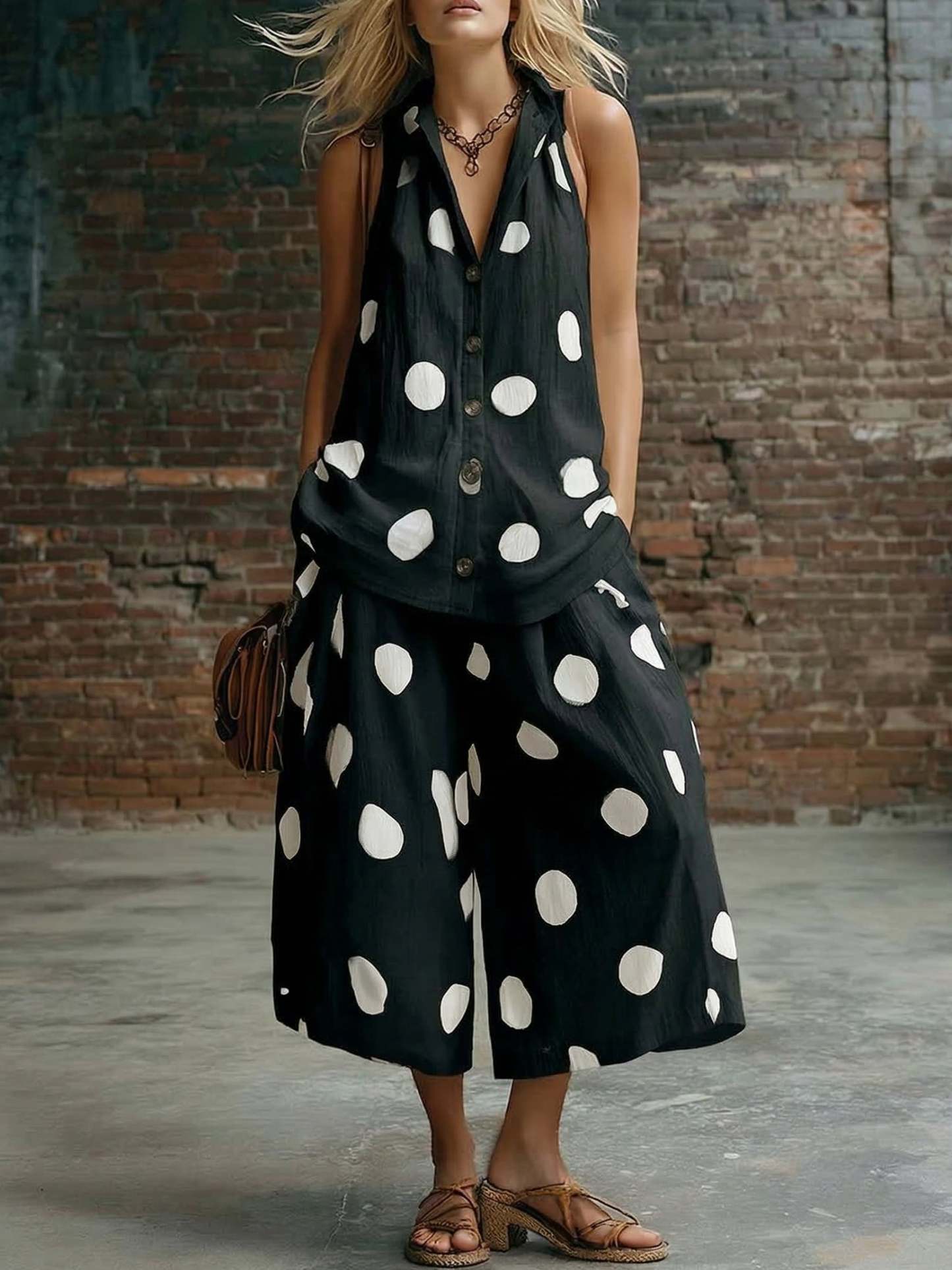 Elegant Polka Dot Shirt And Wide-leg Cropped Trousers Two-piece Set