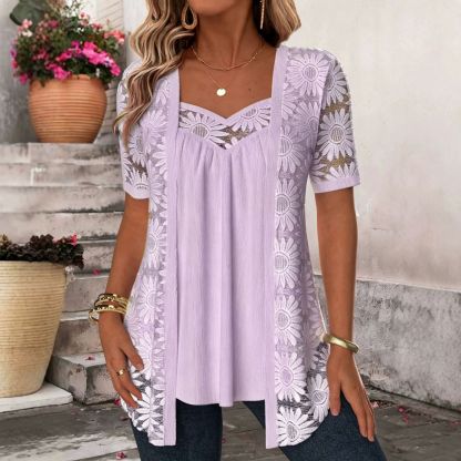 Fashionable patterned lace mesh hollow lace faux two-piece set