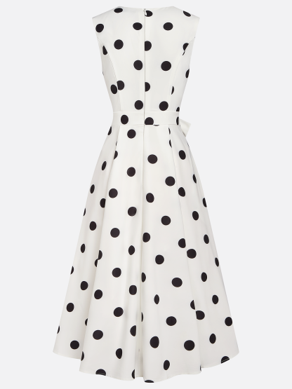 White Polka Dots V Neck Sleeveless A-Line Midi Dress