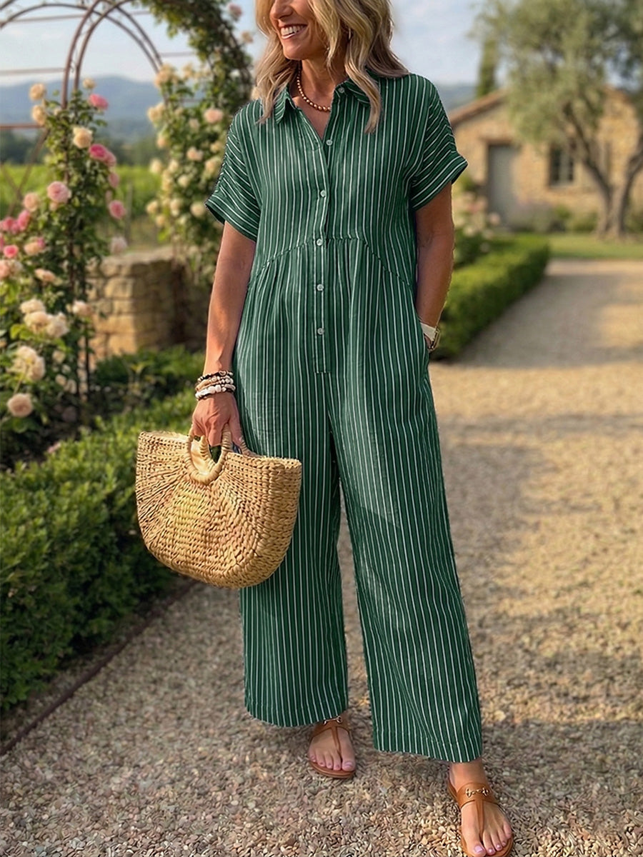 New Arrivals🔥 Striped Lapel Button Down Shirt Jumpsuit