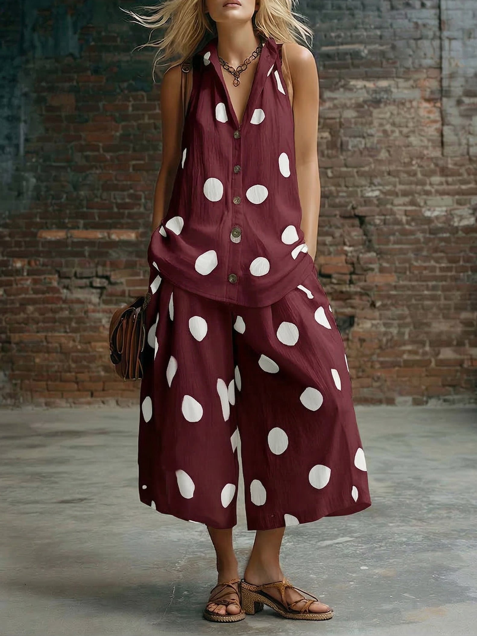 Elegant Polka Dot Shirt And Wide-leg Cropped Trousers Two-piece Set