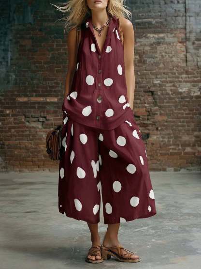 Elegant Polka Dot Shirt And Wide-leg Cropped Trousers Two-piece Set