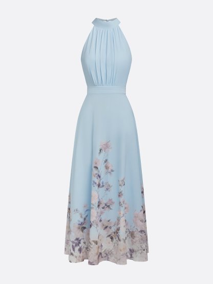 Light Blue Floral Chiffon Halter Sleeveless A-Line Maxi Dress