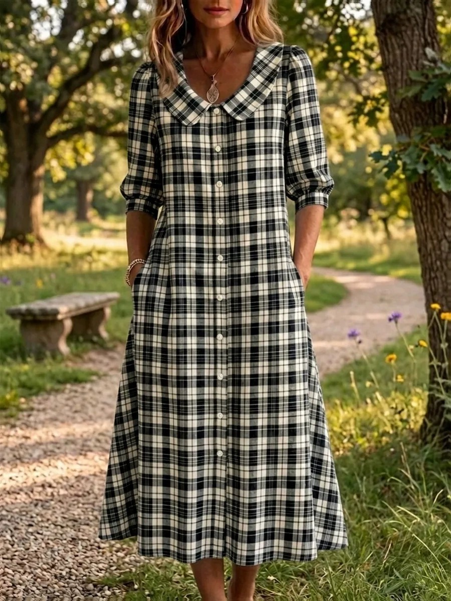 New Arrivals🔥 Women's Retro Peter Pan Collar Striped Cotton Linen Dress