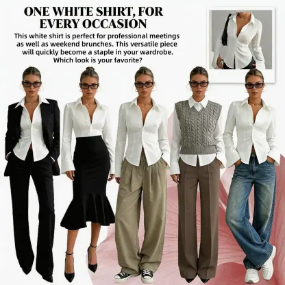 Women's Slim-Fit Button-Down Long-Sleeved Casual Shirt, Suitable for Daily Commuting
