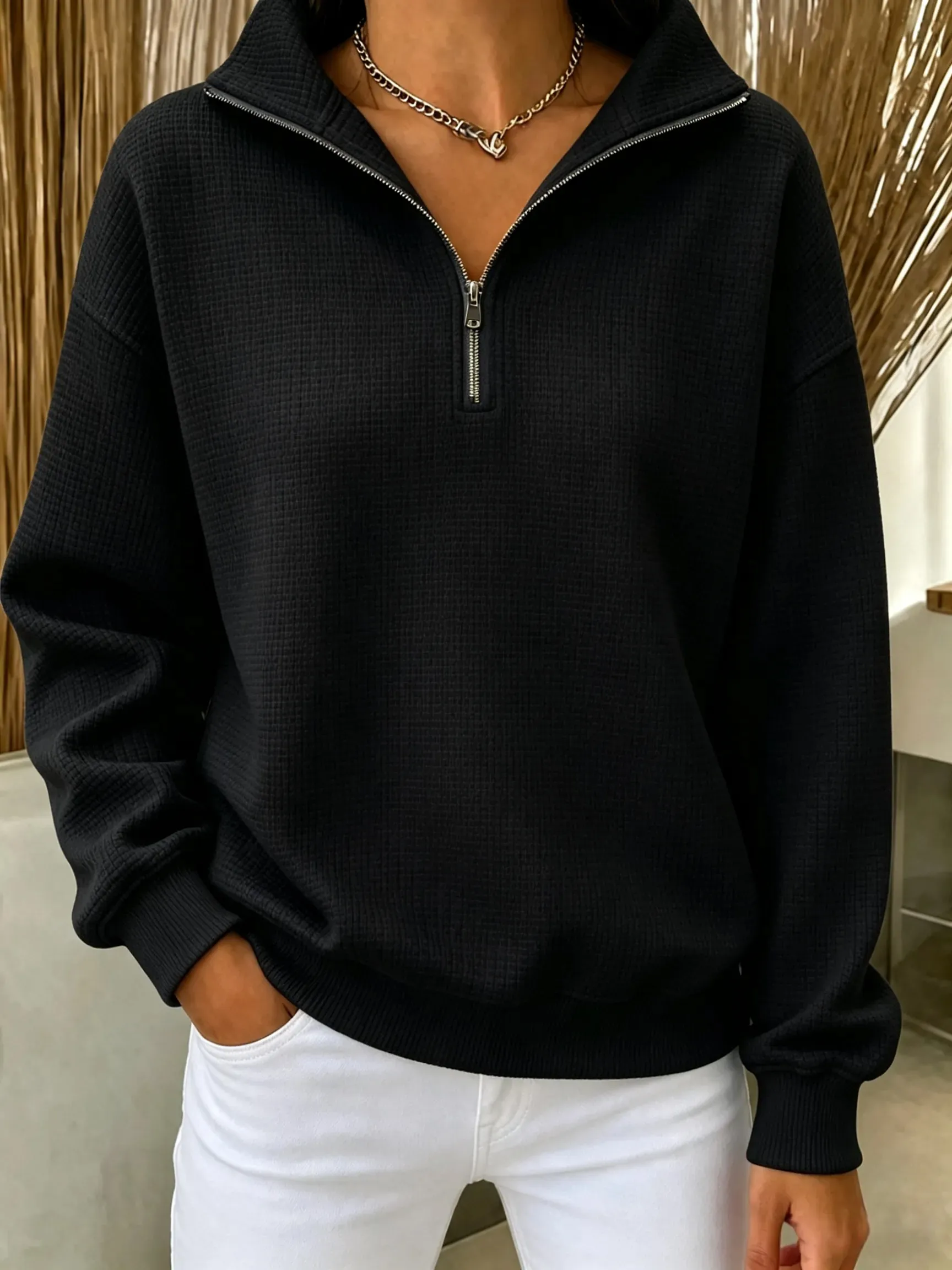Casual Waffle Textured Quarter Zip Sweatshirt Loose Fit Pullover
