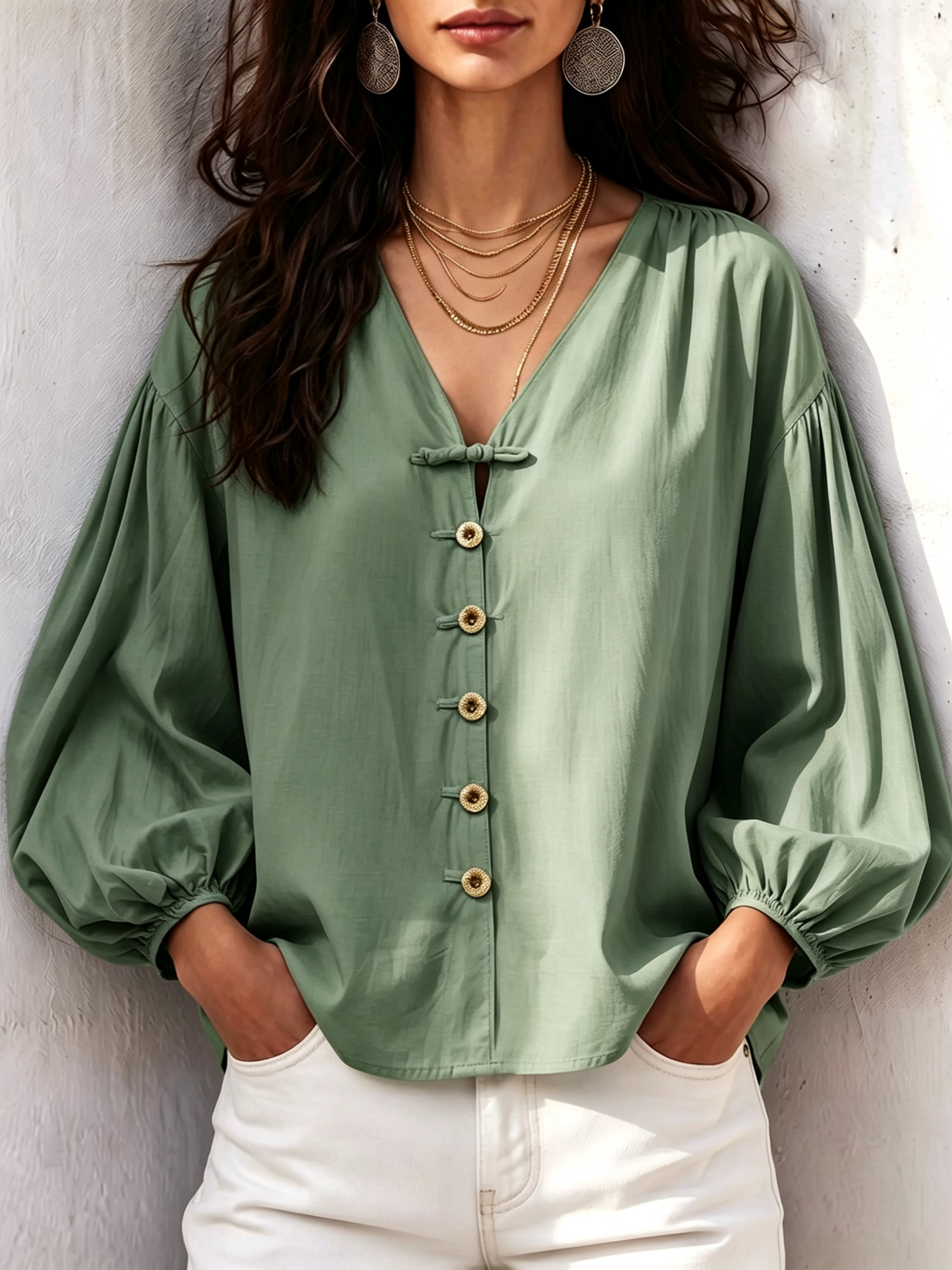 Retro V-neck Knot Button Lantern Sleeve Cotton Blouse