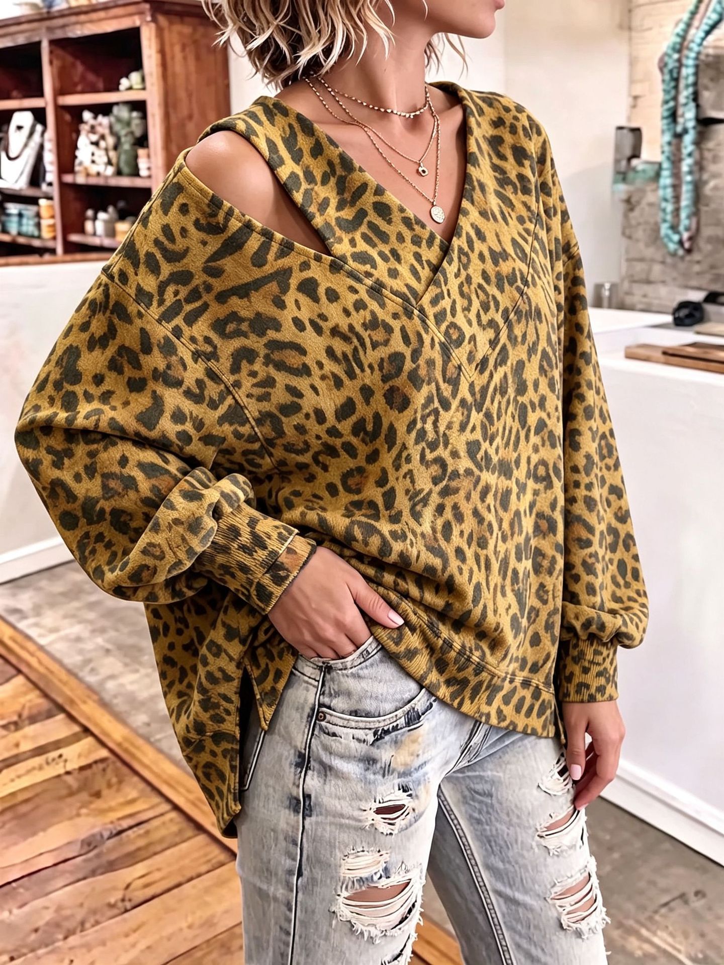 Bold Green Leopard Asymmetrical Cutout Top
