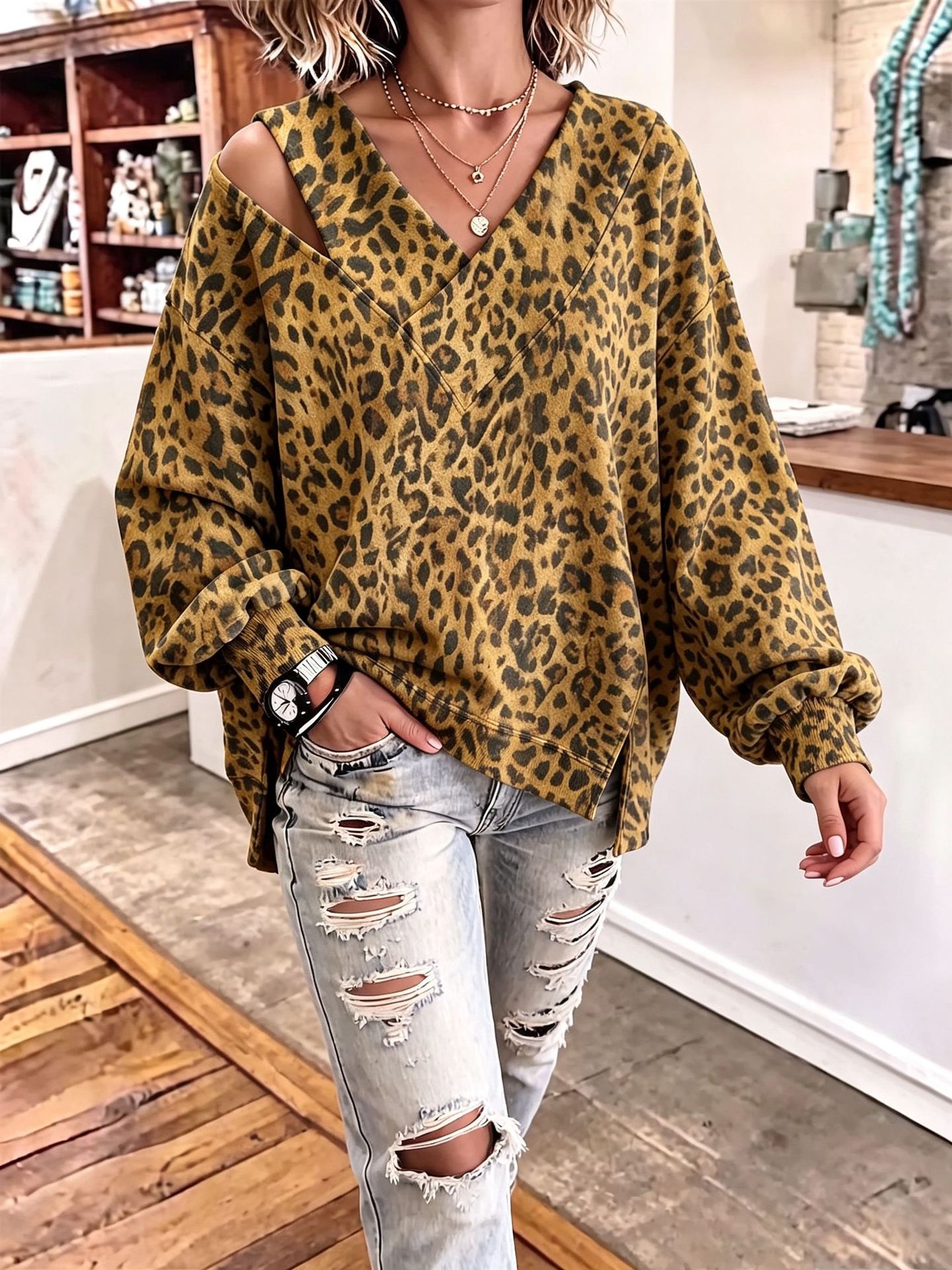 Bold Green Leopard Asymmetrical Cutout Top
