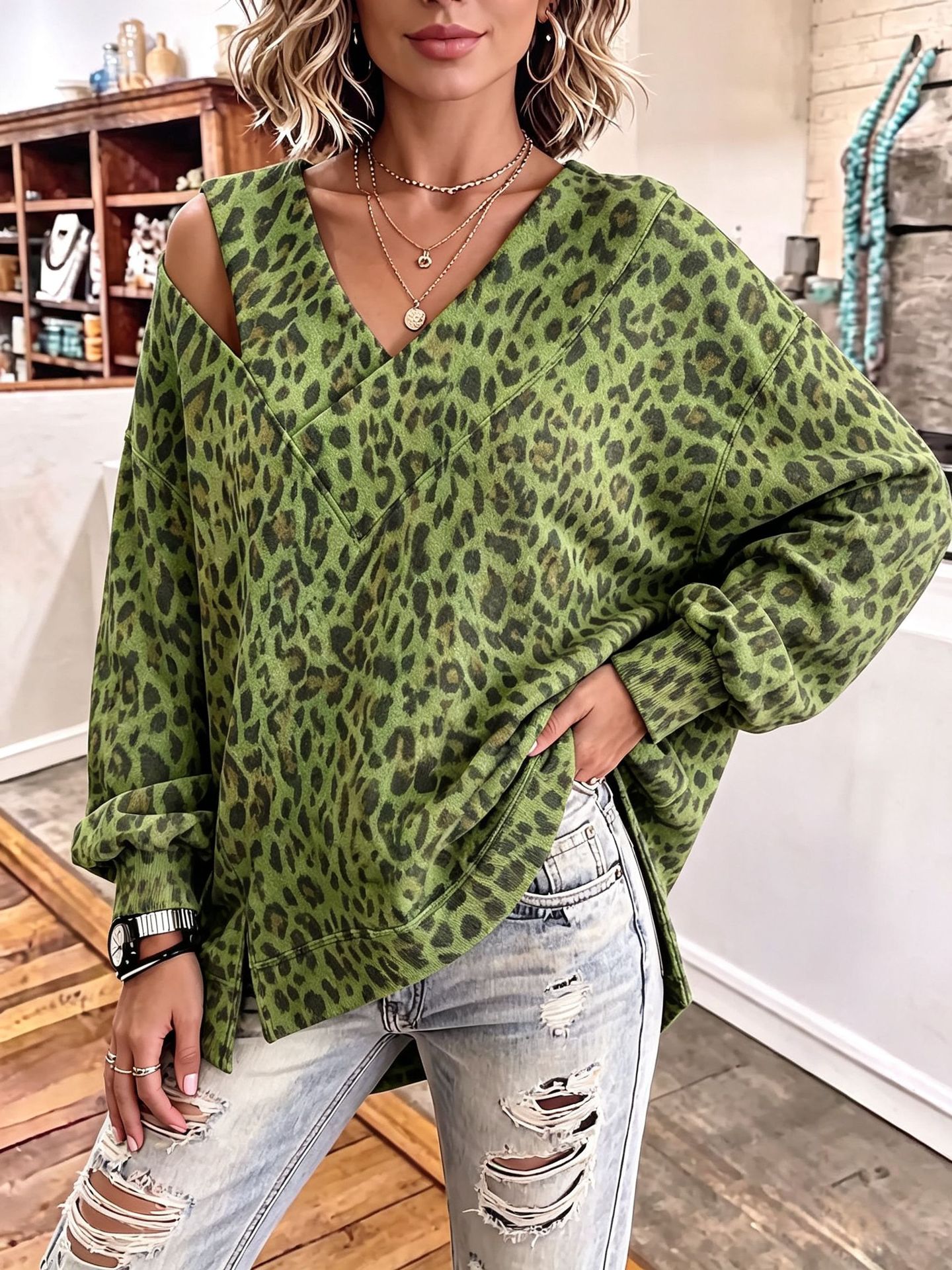 Bold Green Leopard Asymmetrical Cutout Top