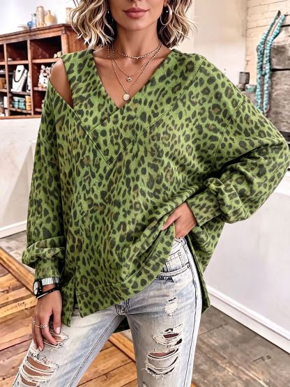 Bold Green Leopard Asymmetrical Cutout Top