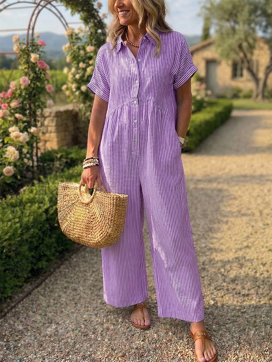 New Arrivals🔥 Striped Lapel Button Down Shirt Jumpsuit