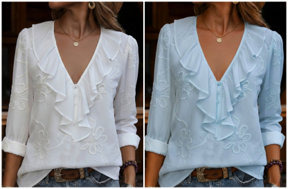 Vintage ruffled V-neck shirt with embroidered flowers