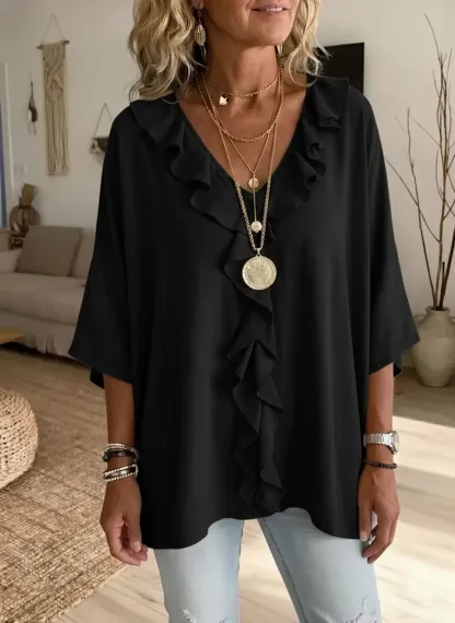 Women's Solid-color Ruffled V-neck 3/4-sleeve Casual Loose Cotton-linen Top