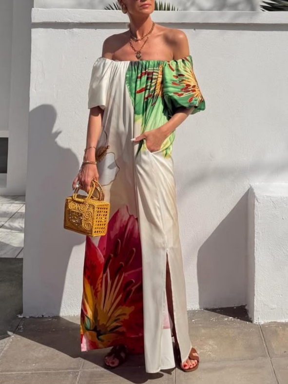 Floral Off-Shoulder Maxi Dress with Side Slit – Summer Resort Wear