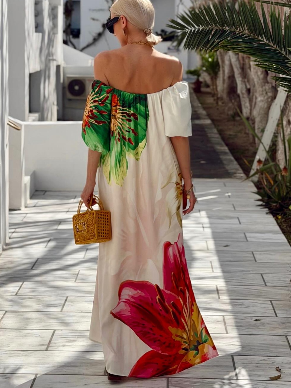 Floral Off-Shoulder Maxi Dress with Side Slit – Summer Resort Wear