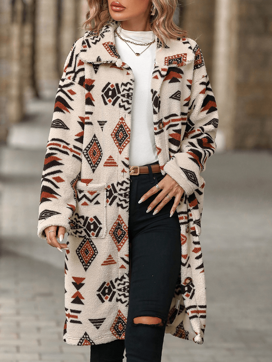 Vintage Geometric Long Sleeve Pocketed Cardigan Jacket