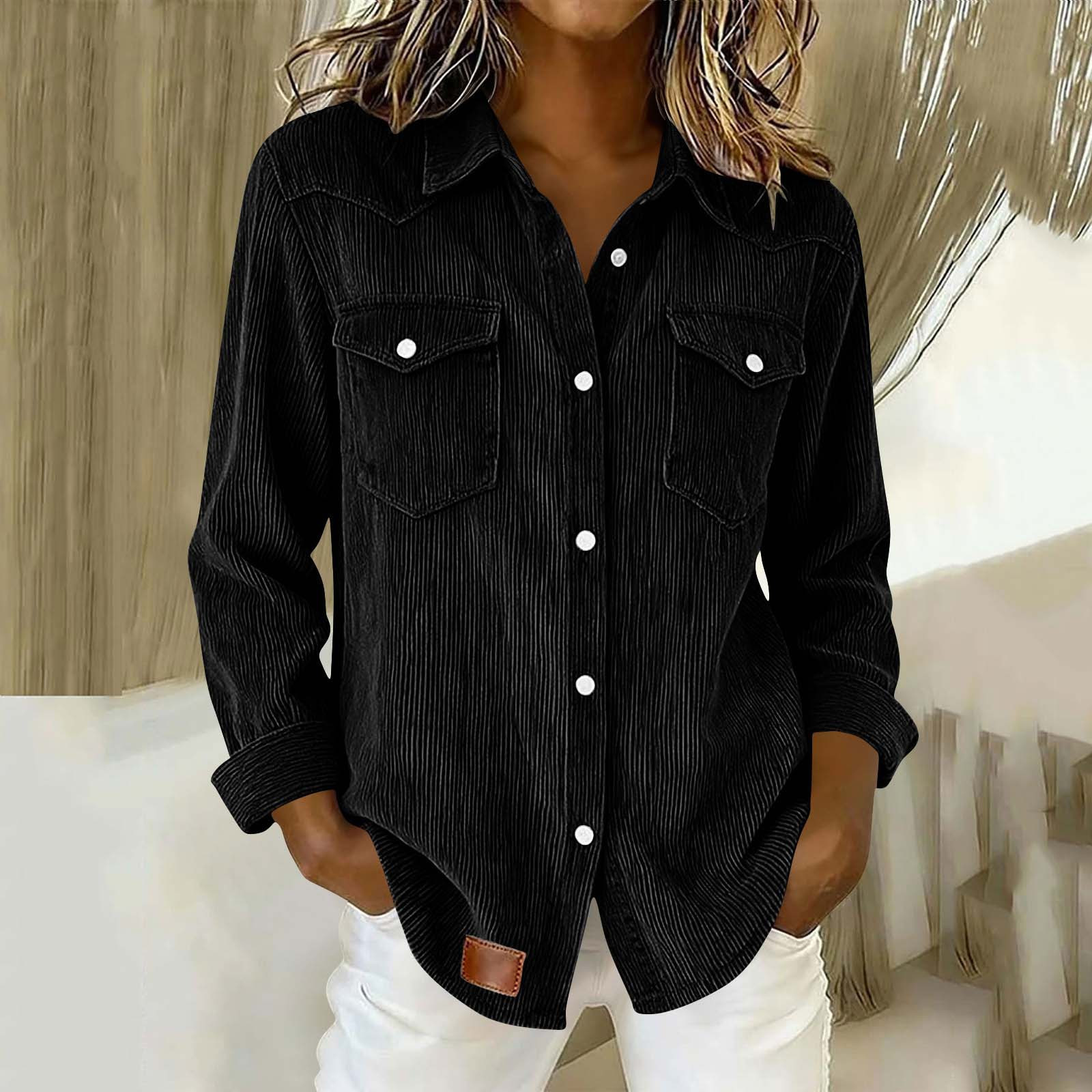 Women's Vintage Corduroy Long Sleeve Shirt Casual Button-Down Shacket with Pockets