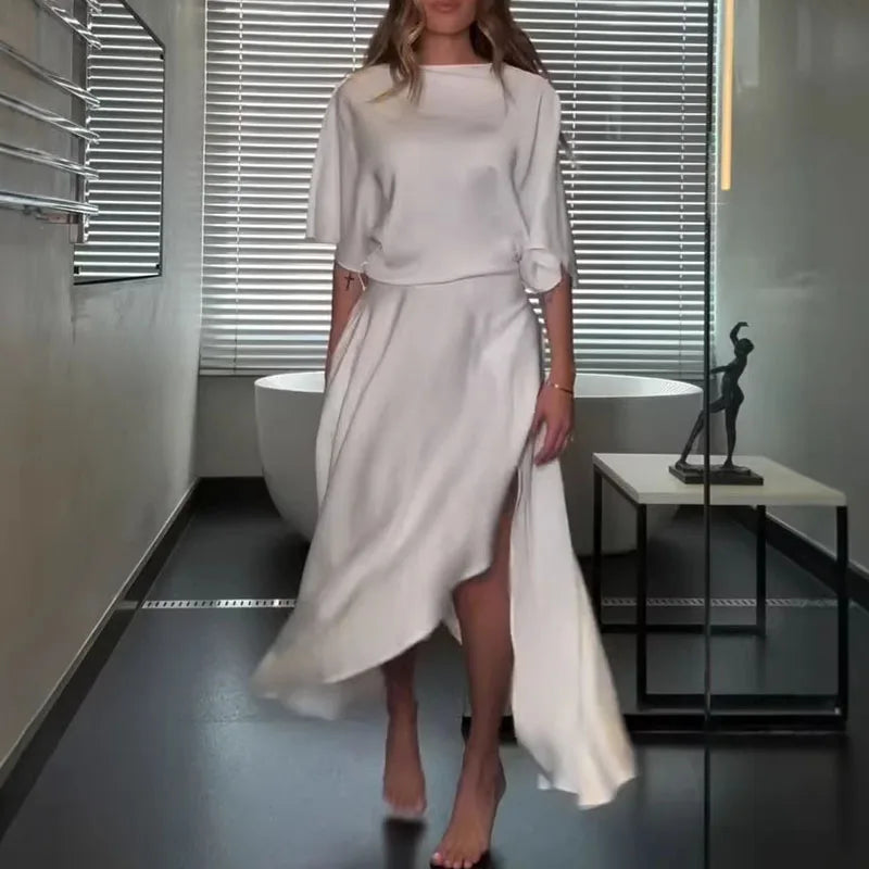 Modern and Elegant Satin Half Wide Sleeve Wrap Style Pocket Slit Loose Maxi Dress