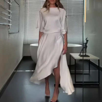 Modern and Elegant Satin Half Wide Sleeve Wrap Style Pocket Slit Loose Maxi Dress