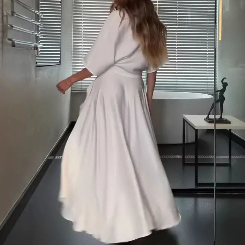 Modern and Elegant Satin Half Wide Sleeve Wrap Style Pocket Slit Loose Maxi Dress
