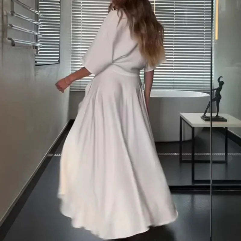 Modern and Elegant Satin Half Wide Sleeve Wrap Style Pocket Slit Loose Maxi Dress