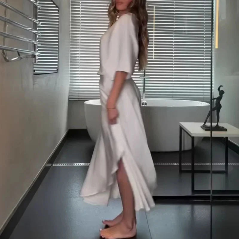 Modern and Elegant Satin Half Wide Sleeve Wrap Style Pocket Slit Loose Maxi Dress