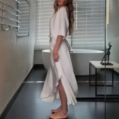 Modern and Elegant Satin Half Wide Sleeve Wrap Style Pocket Slit Loose Maxi Dress